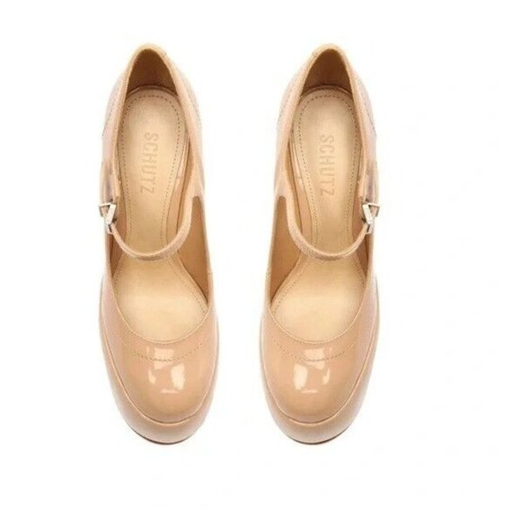 SCHUTZ Zayne Mary Jane Heels Size 7.5 Platform Chunky Pump Patent Pressego Tan - Picture 2 of 16